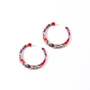 Women Fabric Wrapped Hooped Earings - Red